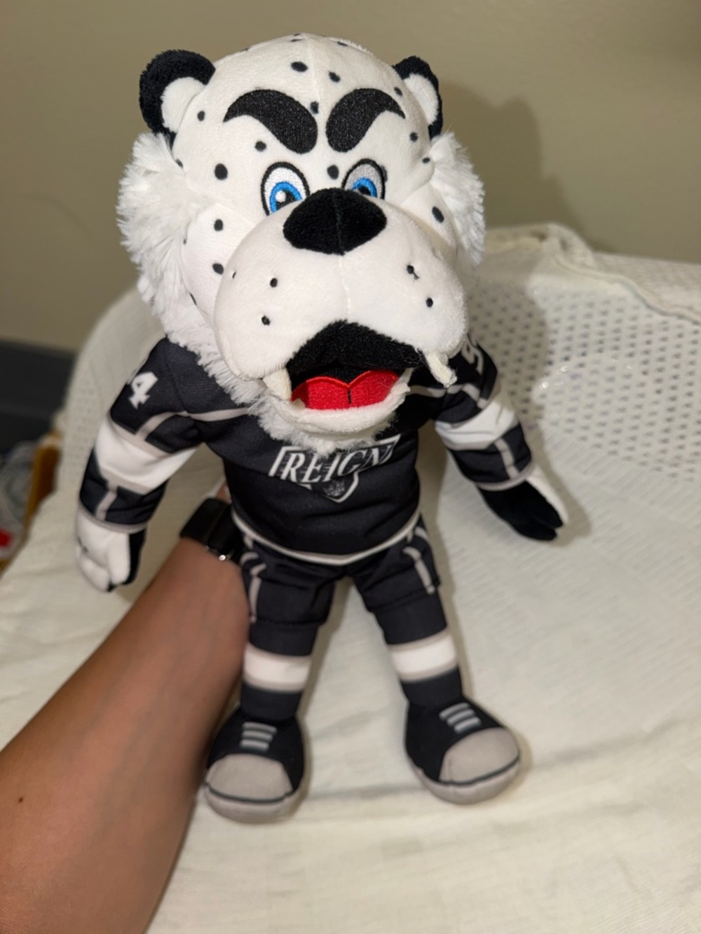 Plush Mascot Toy in Black & White Hockey Jersey
